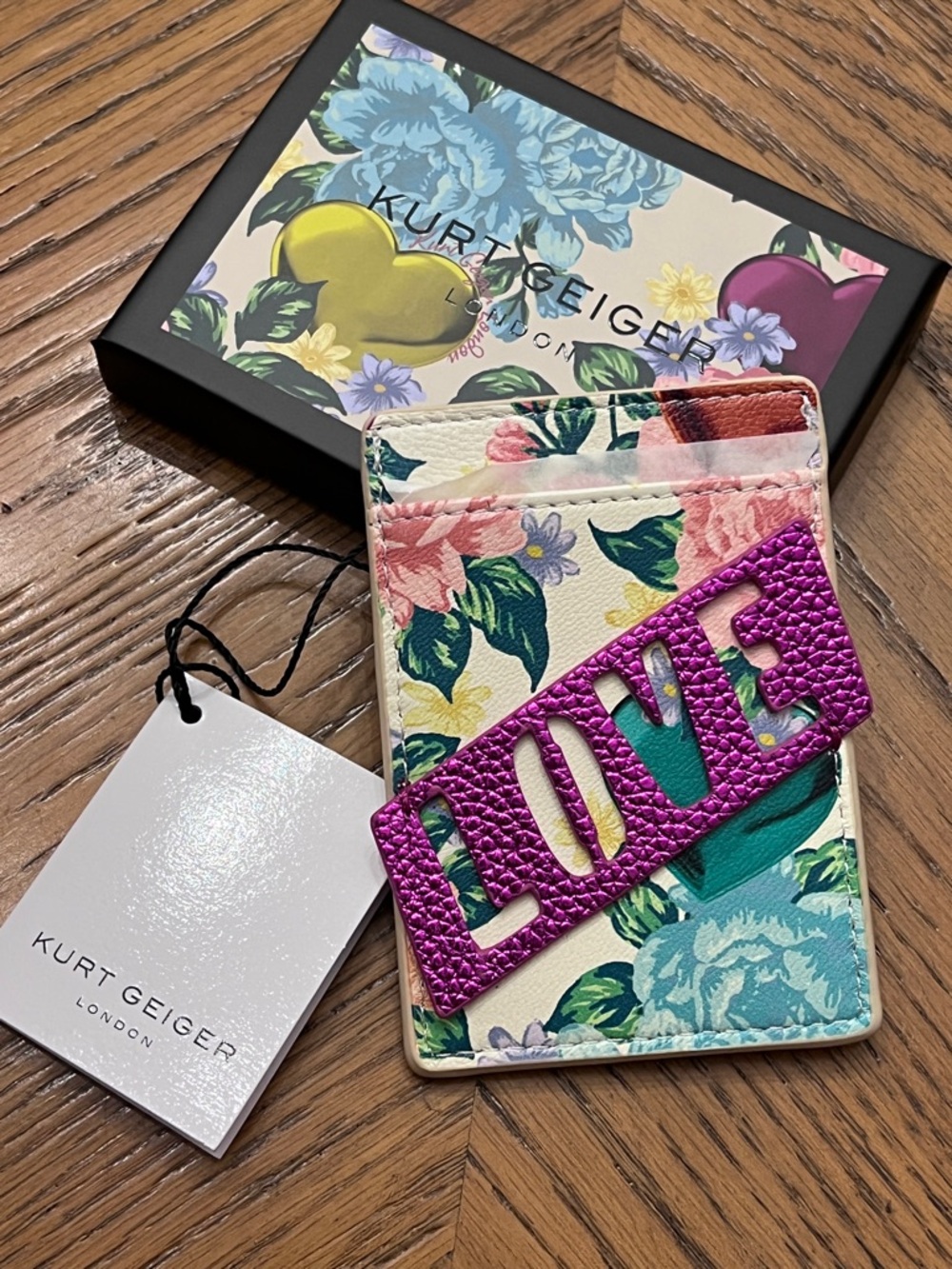 Kurt Geiger Floral Card Holder with Pink Metallic LOVE Accent